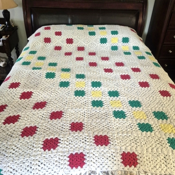 Handmade Vintage Crochet Blanket 62"x86" shown On Queen Bed - Picture 1 of 6